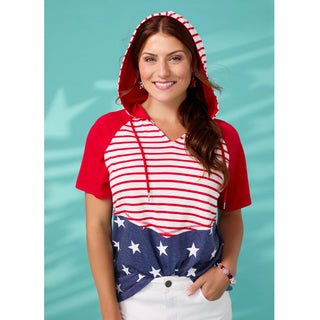 Brianna Hooded Tee with Stars & Stripes - Red/Blue