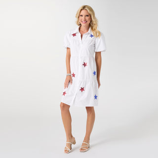 Aubrey Puff Sleeve Dress with Stars - White