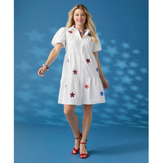 Aubrey Puff Sleeve Dress with Stars - White