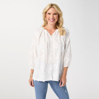 Esther Embroidered Floral Button Front Top - White