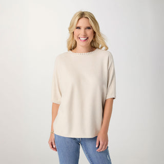 Lightweight Heavenly-Luxe Short Sleeve Trim Detail Sweater - Oatmeal