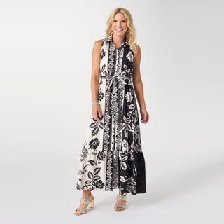 Joelle Printed Collared Maxi Dress with Tie - Black Floral