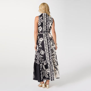Joelle Printed Collared Maxi Dress with Tie - Black Floral