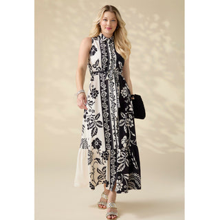 Joelle Printed Collared Maxi Dress with Tie - Black Floral