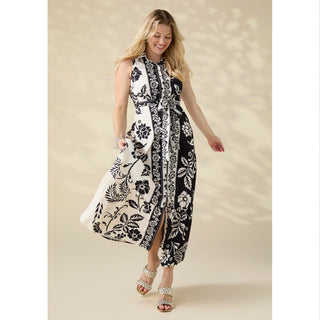 Joelle Printed Collared Maxi Dress with Tie - Black Floral