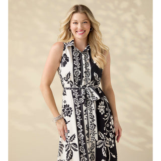 Joelle Printed Collared Maxi Dress with Tie - Black Floral