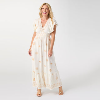 Celeste Embroidered Flutter Sleeve Maxi Dress - Ivory