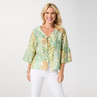 Kamila 3/4 Sleeve Button Front Top - Green Floral