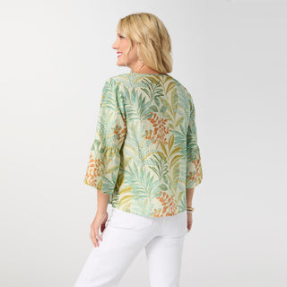 Kamila 3/4 Sleeve Button Front Top - Green Floral