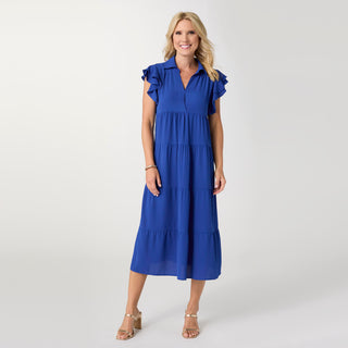 Kendall Flutter Sleeve V-Neck Tiered Maxi Dress - Cobalt