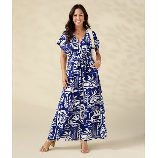 Magnolia Short Sleeve V-Neck Dress with Tie - Cobalt/Ivory