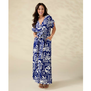 Magnolia Short Sleeve V-Neck Dress with Tie - Cobalt/Ivory