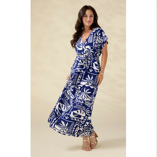 Magnolia Short Sleeve V-Neck Dress with Tie - Cobalt/Ivory