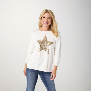 Lightweight Heavenly-Luxe 3/4 Sleeve Star Sweater - Bright White