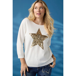 Lightweight Heavenly-Luxe 3/4 Sleeve Star Sweater - Bright White