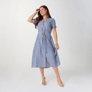 Miriam Short Sleeve Shirtdress with Belt - Blue Stripe