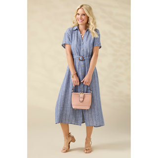 Miriam Short Sleeve Shirtdress with Belt - Blue Stripe