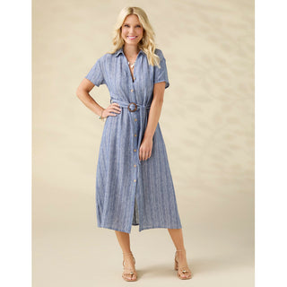 Miriam Short Sleeve Shirtdress with Belt - Blue Stripe