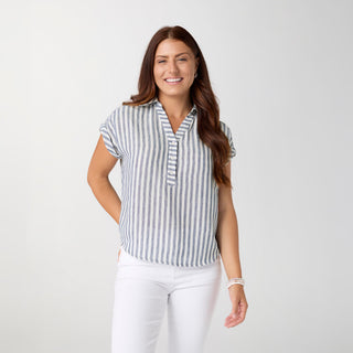 Reagan Cap Sleeve Striped Collared Top - Dusty Blue/White