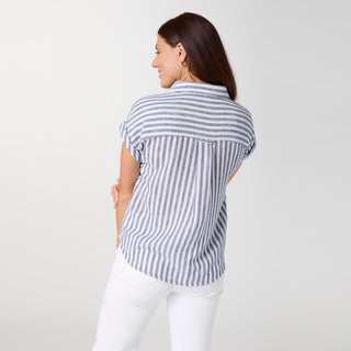 Reagan Cap Sleeve Striped Collared Top - Dusty Blue/White