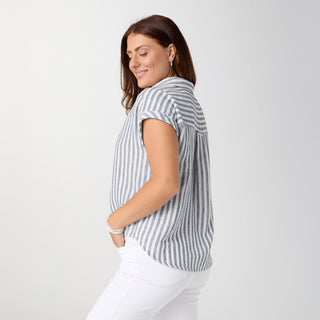 Reagan Cap Sleeve Striped Collared Top - Dusty Blue/White