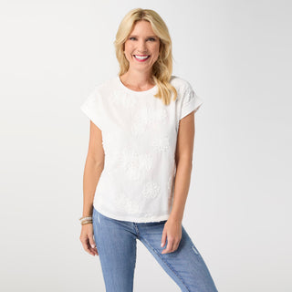 Reese Cap Sleeve Floral Applique Top - White