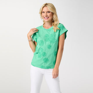 Reese Cap Sleeve Floral Applique Top - Jade Green