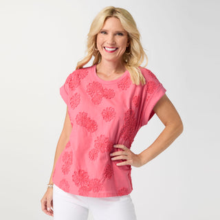 Reese Cap Sleeve Floral Applique Top - Sunkissed Coral