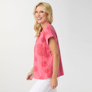 Reese Cap Sleeve Floral Applique Top - Sunkissed Coral