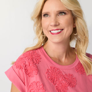 Reese Cap Sleeve Floral Applique Top - Sunkissed Coral