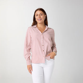 Mabel Long Sleeve Striped Button Front Top - Rose/White