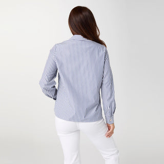 Mabel Long Sleeve Striped Button Front Top - Navy/White