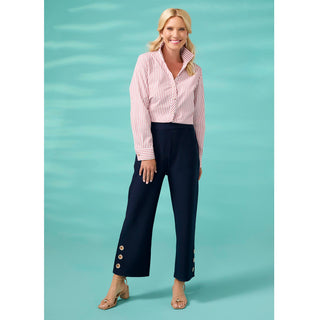 Mabel Long Sleeve Striped Button Front Top - Navy/White