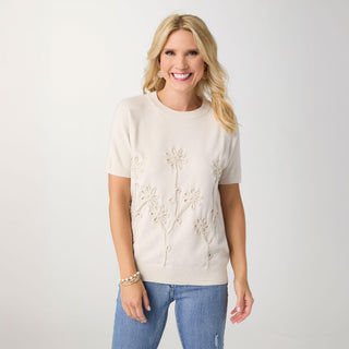 Lightweight Heavenly-Luxe Short Sleeve Floral Sweater - Oatmeal