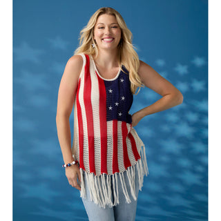 Jordyn Open Weave Fringe Flag Tank - Ivory/Red/Navy
