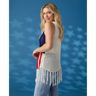 Jordyn Open Weave Fringe Flag Tank - Ivory/Red/Navy