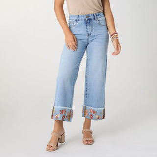 EverStretch Wide Leg Crop with Embroidered Cuff - Light Denim