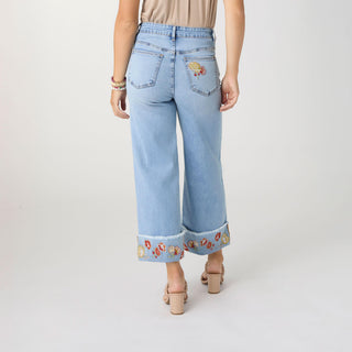 EverStretch Wide Leg Crop with Embroidered Cuff - Light Denim