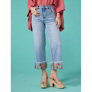 EverStretch Wide Leg Crop with Embroidered Cuff - Light Denim