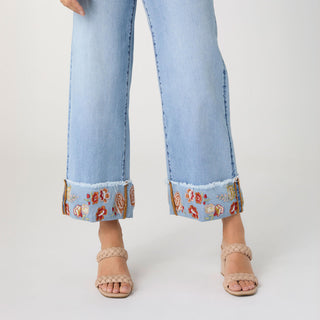 EverStretch Wide Leg Crop with Embroidered Cuff - Light Denim