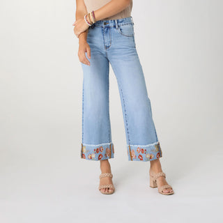 EverStretch Wide Leg Crop with Embroidered Cuff - Light Denim