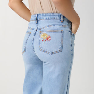 EverStretch Wide Leg Crop with Embroidered Cuff - Light Denim