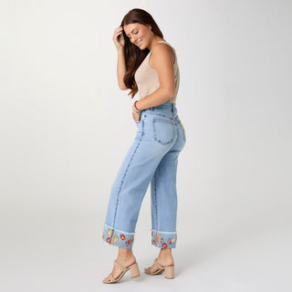 EverStretch Wide Leg Crop with Embroidered Cuff - Light Denim