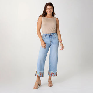 EverStretch Wide Leg Crop with Embroidered Cuff - Light Denim