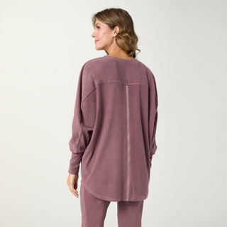 Weekend Brushed Zipper Back Long Sleeve Top - Redwood