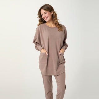 Weekend Brushed Zipper Back Long Sleeve Top - Hardwood