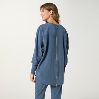 Weekend Brushed Zipper Back Long Sleeve Top - Aegean Blue