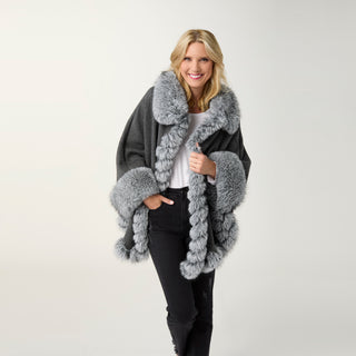 Mira Wrap with Faux Fur Trim - Grey