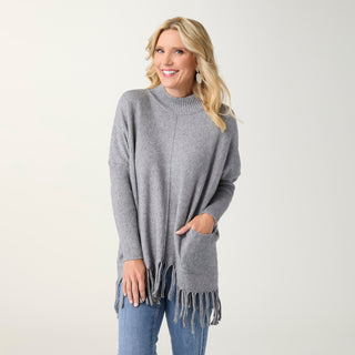 Heavenly-Luxe Flowy Mock Neck Fringe Sweater - Mid Heather Grey