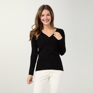 Kamryn V-Neck Rib Knit Top - Black